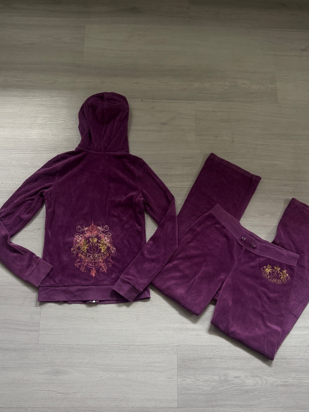 2004 vintage Juicy Couture Purple terry cloth Track Pants & Hooded Jacket Set